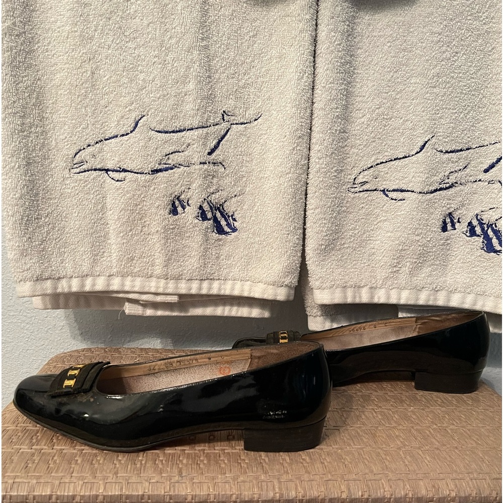 Vintage black patent genuine leather with gold tone accent Ferragamos size 9